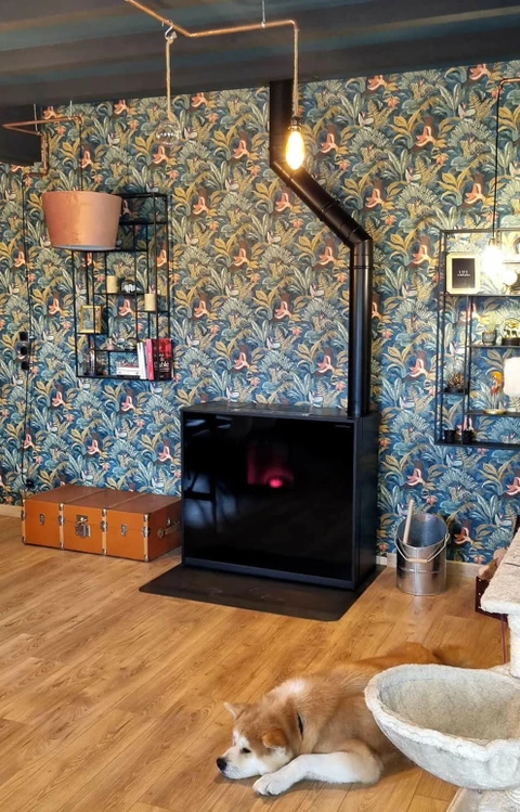 Salon contemporain avec poêle à bois design double face noir mat, conduit de fumée apparent en acier noir, installé sur dalle de protection