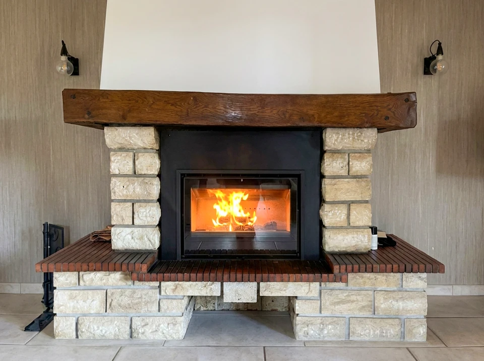 Salon contemporain avec insert de cheminée encastré dans un habillage en pierre naturelle travertine brossée