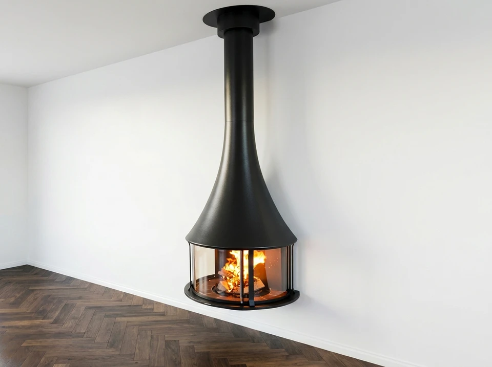 Intérieur moderne avec cheminée d'angle suspendue en fonctionnement, flammes visibles
